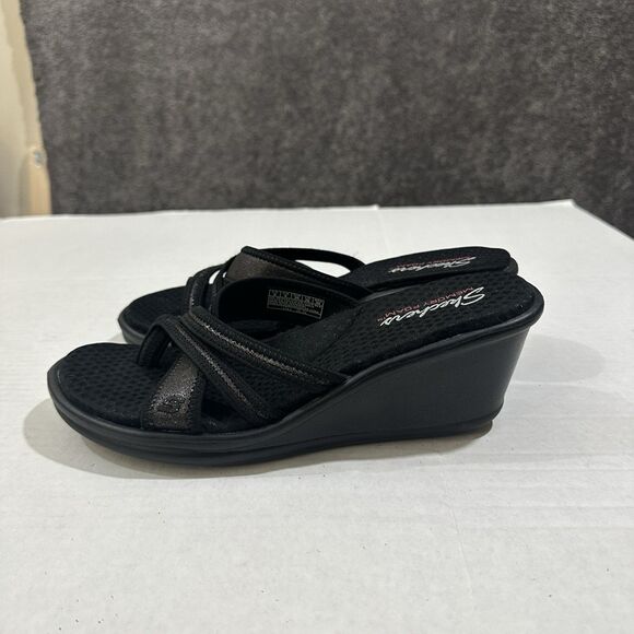 Skechers Womens Sz 9 Memory Foam Sandals Black Heel Wedge Slip On Strappy - Picture 6 of 16